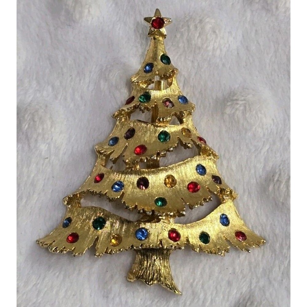 Vintage J.J Jonette Christmas Tree Brooch Pin Signed Gold Tone Rhinestones Star